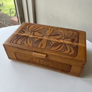 Vintage Wooden Jewelry Box with Floral Carving